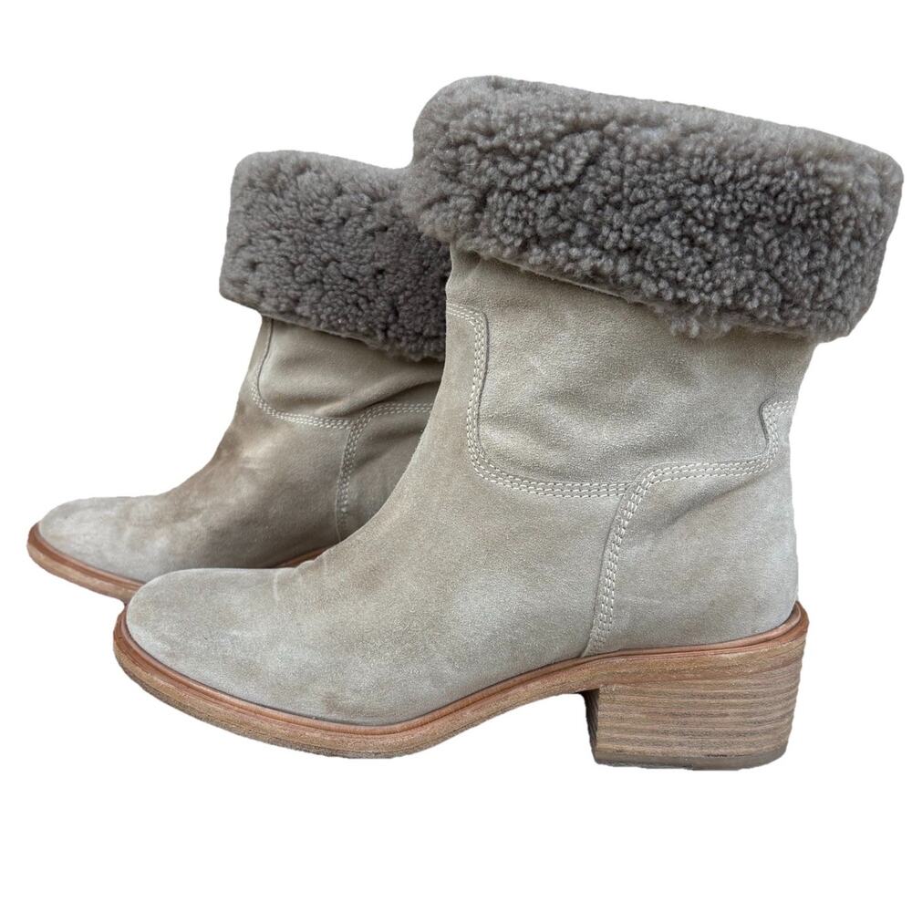 Elyse Walker 39.5 Tan Leather Sheepskin Heeled Bootie Boot Gum Bottom